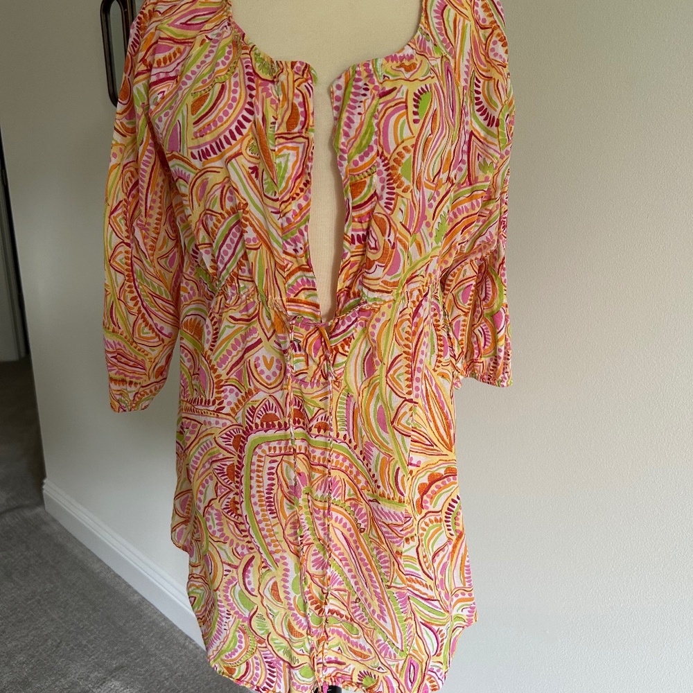 Liz & Co Multicolor Swim Cover-Up Pink Orange Green Yellow Empire Waist XL Dress
